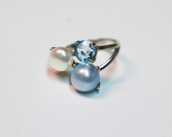 Ring, Sterling Silver, Topaz, Freshwater Pearls, Italian, Signed, Size 9, Statement, Vintage, Estate, Jewelry