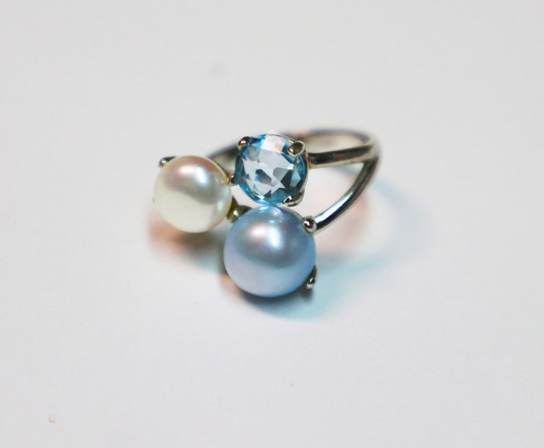 Ring, Sterling Silver, Topaz, Freshwater Pearls, Italian, Signed, Size 9, Statement, Vintage, Estate, Jewelry image 1