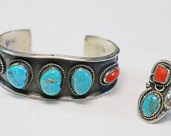 Native American Bracelet and Ring, Navajo Jewelry, Turquoise and Coral, Vintage Sterling Silver, Rare Jewelry, Statement Set, Estate Jewelry