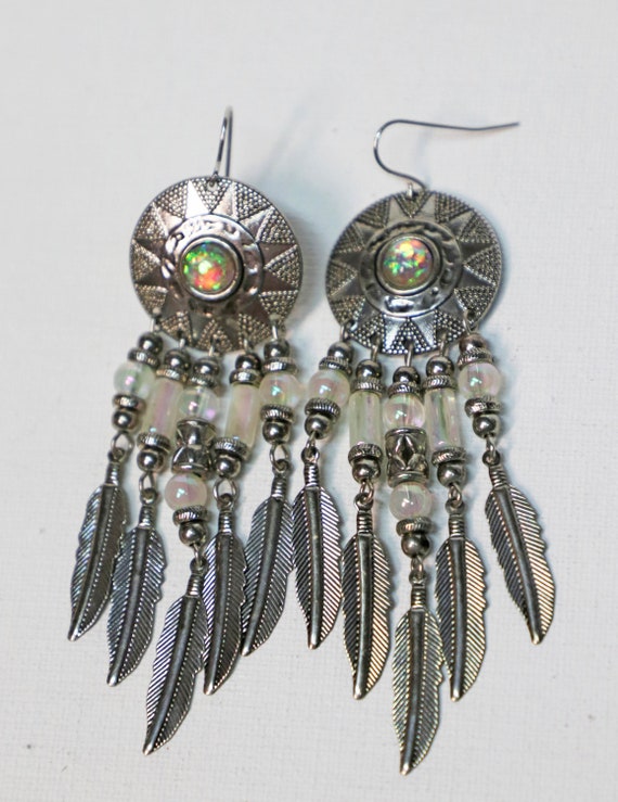 Earrings, Feathers, Man made opal, Southwestern, … - image 3