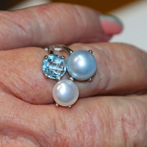 Ring, Sterling Silver, Topaz, Freshwater Pearls, Italian, Signed, Size 9, Statement, Vintage, Estate, Jewelry image 2