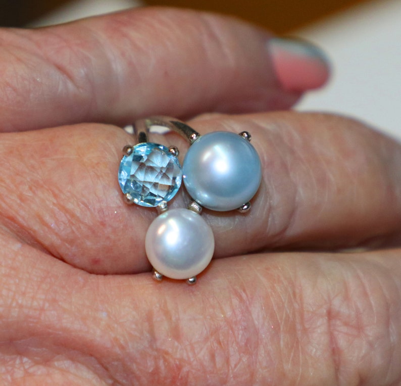 Ring, Sterling Silver, Topaz, Freshwater Pearls, Italian, Signed, Size 9, Statement, Vintage, Estate, Jewelry image 2