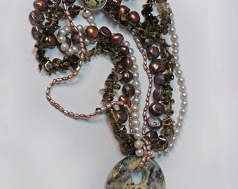 Necklace, Stone, Cultured Pearls, Mexican Agate, Dalmatian Stone, Jewelry, Estate, Vintage, Pendant, Beaded, Four Strand