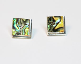 Earrings, Roman, Abalone, Square, Post, Pierced, Silver Tone, Vintage, Estate, Jewelry