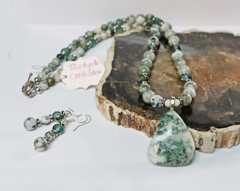 Green Tree Agate Necklace and Earrings Set, Czech Glass Beads