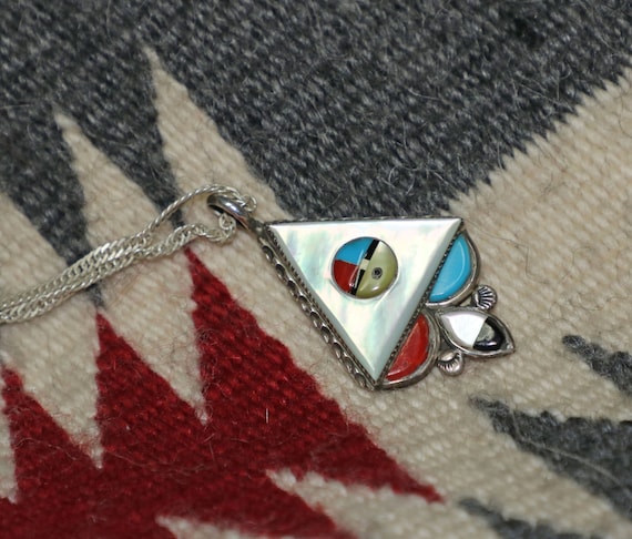Distinctive Vintage Native American Zuni Turquoise Coral Sterling Silver Sunface Necklace Old Distinctive Vintage Native American Zuni Turquoise Coral Sterling Silver Sunface Necklace Old