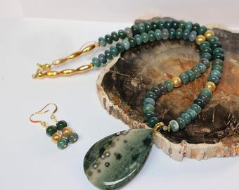 Ocean Jasper Necklace and Earrings Set, Moss Agate Jewelry