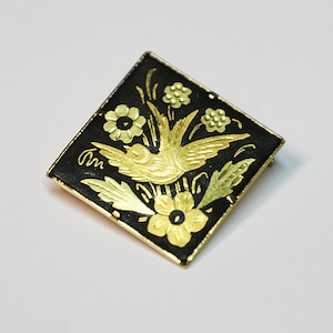 Brooch, Damascene, Bird, Gold Tone, Black Background, Flowers, Offset Square, Vintage, Estate, Jewelry image 1