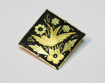 Brooch, Damascene, Bird, Gold Tone, Black Background, Flowers, Offset Square, Vintage, Estate, Jewelry