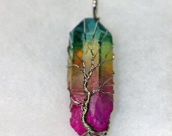 Pendant, Wire Wrapped, Tree Design, Rainbow colors, Crystal, Vintage, Estate, Jewelry, Retro