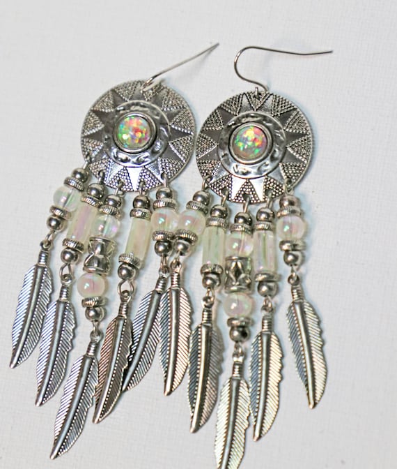 Earrings, Feathers, Man made opal, Southwestern, … - image 1