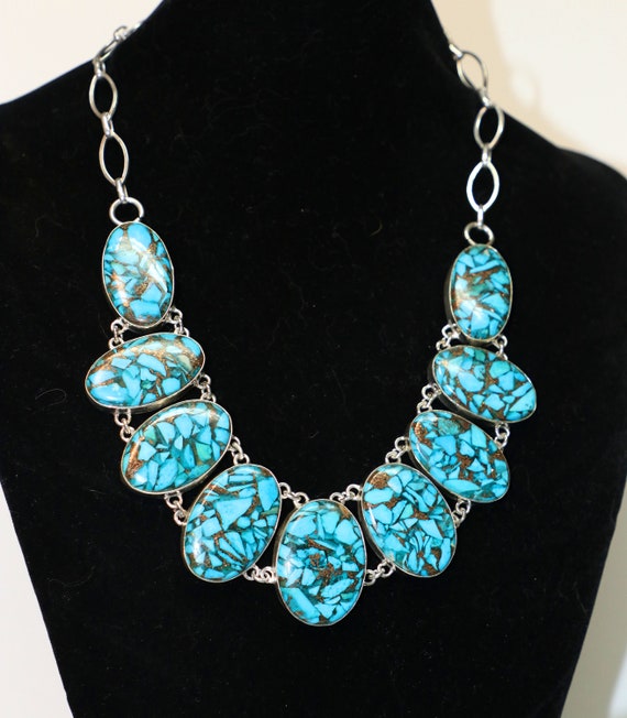 Turquoise Copper Sterling Silver Necklace Bracelet Set, Adjustable Jewelry