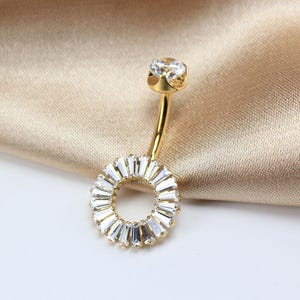 Gold Baguette Belly Button Ring: 14G Titanium Navel Piercing
