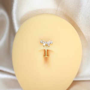 14G Threadless Titanium Belly Button Ring, Gold Bow CZ Navel Piercing, Push In Belly Ring, Minimalist Dainty Body Jewelry