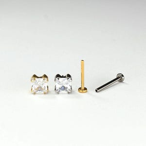 Square CZ Push In Earring, Titanium Threadless Flat Back Stud, Cartilage Lobe Piercing Jewelry, Small Diamond Piercing Earring