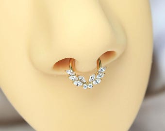 16G Titanium Gold Septum Ring, Dainty Floral Marquise Gem Septum Clicker Ring, CZ Septum Hoop Ring Piercing, Minimalist Body Jewelry