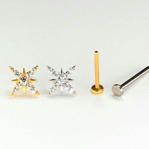 Flat Back Titanium Stud Earring, Threadless Push In Starburst Jewelry for Cartilage, Helix, Lobe Piercing, Star Cz Piericng Earring