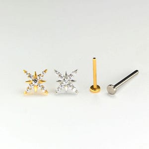 Flat Back Titanium Stud Earring, Threadless Push In Starburst Jewelry for Cartilage, Helix, Lobe Piercing, Star Cz Piericng Earring