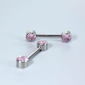 14g Pink Nipple Barbell, Internally Threaded Titanium Nipple Piercing, Pink Cz Gem Nipple Piercing Ring Jewelry