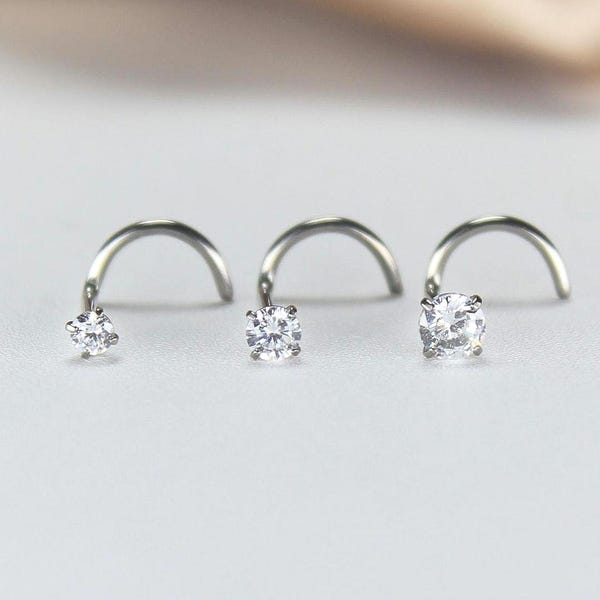 Silver Titanium Corkscrew Nose Stud, 20G Implant Grade Titanium CZ Gem Corkscrew Nose Piercing, S Shape Nose Stud, Minimalist Body Jewelry.