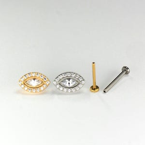 Titanium oorbel met platte achterkant, Threadless Marquise Cz Gem Stud, push-in sieraden voor lob, helix, kraakbeenpiercing