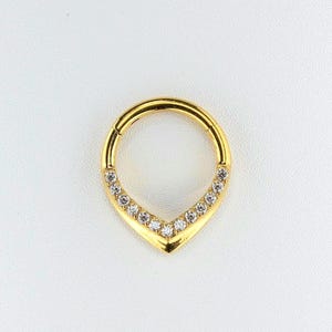 Teardrop Septum Ring: 16g Titanium CZ Gold Hinged Clicker