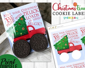 May include: Printable Christmas cookie labels featuring a red truck filled with a Christmas tree and candy. The text on the label reads "May your Christmas be filled with truck loads of sweet magic!"