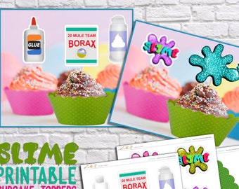 Slime Party Decorations, Slime Birthday Cupcake Toppers and Wraps, Glitter Slime Party Banner, Printable  Slime Cupcake decor, Digital File