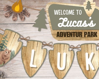 Banner editable del parque nacional, Little Explorer, Adventure Awaits Baby Shower Banner, Camping Birthday, Woodland Baby Shower, Camp Theme