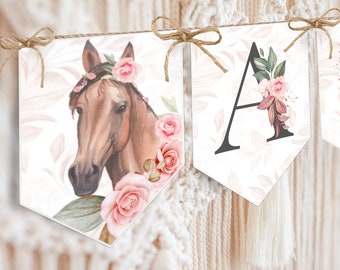 Horse Birthday Banner, Saddle Up, Watercolor Pink Floral Banner, Horse Download, Digital File Download, Horse birthday party