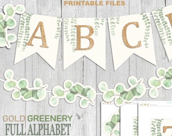 Greenery Full Alphabet Banner, Gold Green, Eucalyptus Banner, Greenery Baby Shower Banner, Greenery Garland, Printable Banner