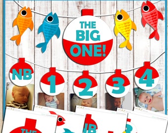 The Big One Fishing Birthday Fishing Bobber 12 Month banner, Printable first birthday fishing banner, Milestone Banner, Digital Download