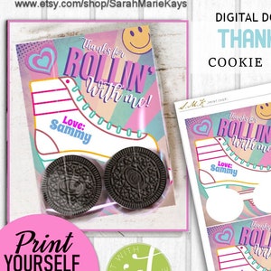 May include: Printable thank you cookie labels featuring a colorful roller skate design with the text "Thanks for Rollin' with me!" and the name "Sammy".