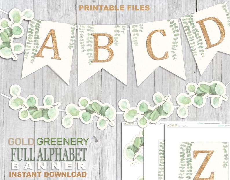 greenery full alphabet banner gold green eucalyptus banner