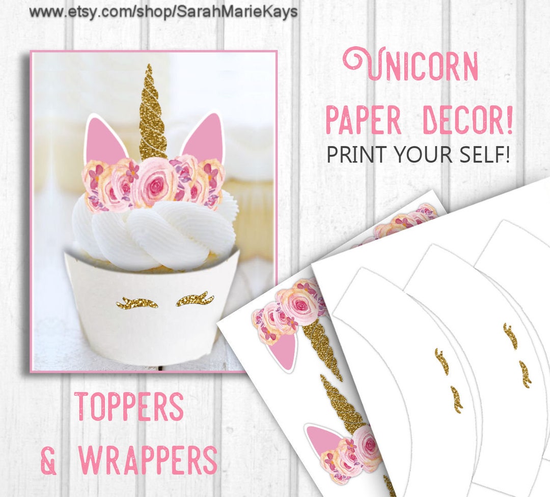Printable Gold Eyelashes Unicorn Cupcake Toppers and Wrappers, Unicorn Print Outs, Unicorn Party