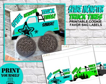 Monster Truck Birthday Cookie Favor Bags, Printable Party Bag Decor, Spare monster truck tires, Birthday Party