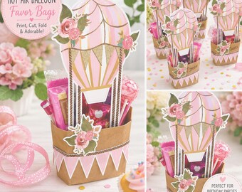May include: A set of printable hot air balloon favour bags featuring pink and gold striped balloons decorated with floral accents. The brown paper bags include a pink triangular banner design at the base and are filled with various small treats.
