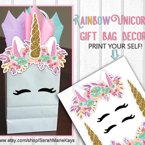 Rainbow Unicorn Gift Bag Decorations, Unicorn Print Outs, Unicorn Favor Bags, DIY Printouts, Pastel Unicorn, Printable