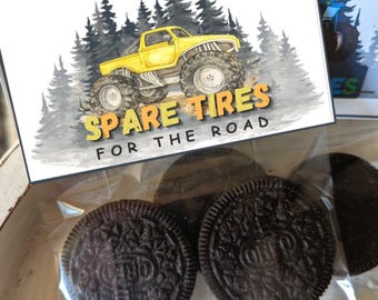 Bolsas de regalo para galletas de cumpleaños con temática de Monster Truck, decoración imprimible para bolsas de fiesta, neumáticos de repuesto para Monster Truck, recuerdos de fiesta de Monster Truck