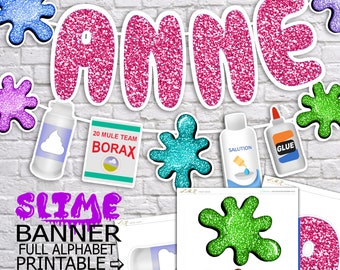 Slime Party Decorations, Slime Party Banner Files, Pink Glitter Slime Party Banner, Printable Full Alphabet Slime Banner, Digital Download