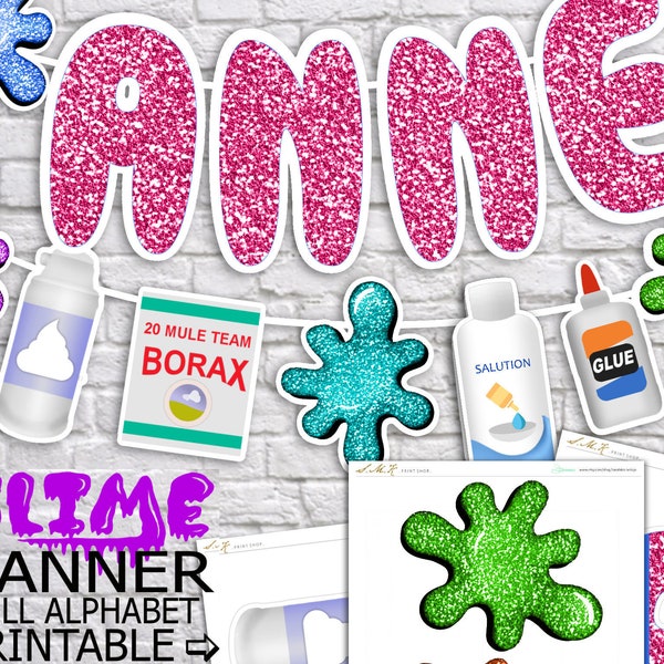 Slime Party Decorations, Slime Party Banner Files, Pink Glitter Slime Party Banner, Printable Full Alphabet Slime Banner, Digital Download