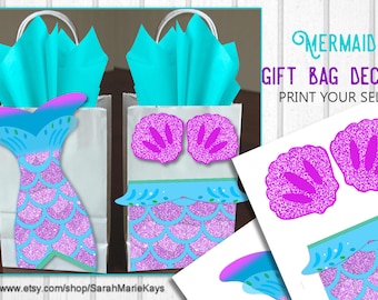 Printable Mermaid Favor Bag Decor, Printable Template, Birthday Favor Treat Bags, Purple Blue Green