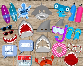 Shark Printable Photo Booth Props, Shark Birthday photo booth props, Beach photo booth props