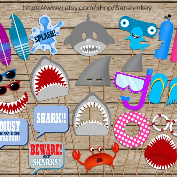 Shark Printable Photo Booth Props, Shark Birthday photo booth props, Beach photo booth props