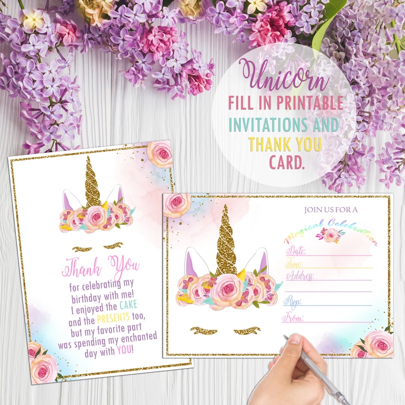 Printable Unicorn Fill In Invitations And Thank You Cards Print Outs Invitation Diy Printouts