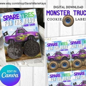 Monster Truck Birthday Cookie Favor Bags, Printable Party Bag Decor, Spare monster truck tires, Birthday Party, Purple and Green