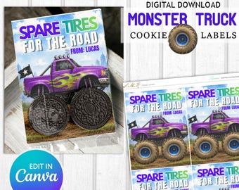 Bolsas de regalo para galletas de cumpleaños con temática de Monster Truck, decoración imprimible para bolsas de fiesta, neumáticos de repuesto para monster truck, fiesta de cumpleaños, morado y verde.