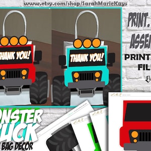 Monster Truck Birthday Favor Bags, Printable Party Bag Decor, Truck Gift Bag Decorations, Birthday Party