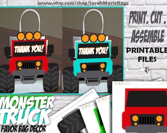 Monster Truck Birthday Favor Bags, Printable Party Bag Decor, Truck Gift Bag Decorations, Birthday Party