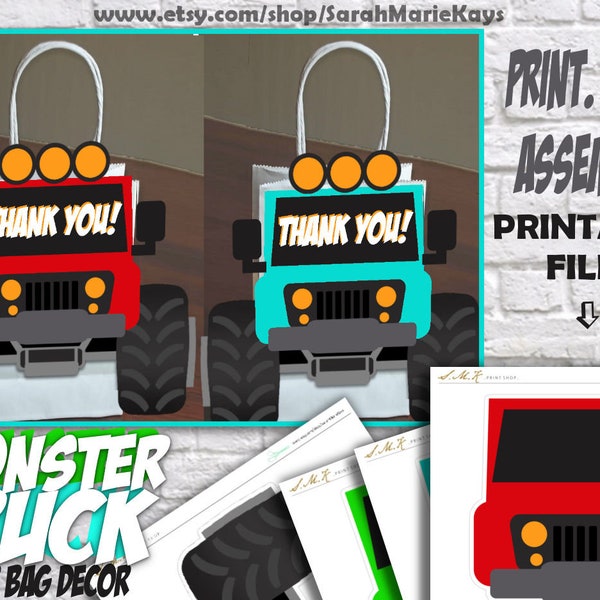 Monster Truck Birthday Favor Bags, Printable Party Bag Decor, Truck Gift Bag Decorations, Birthday Party